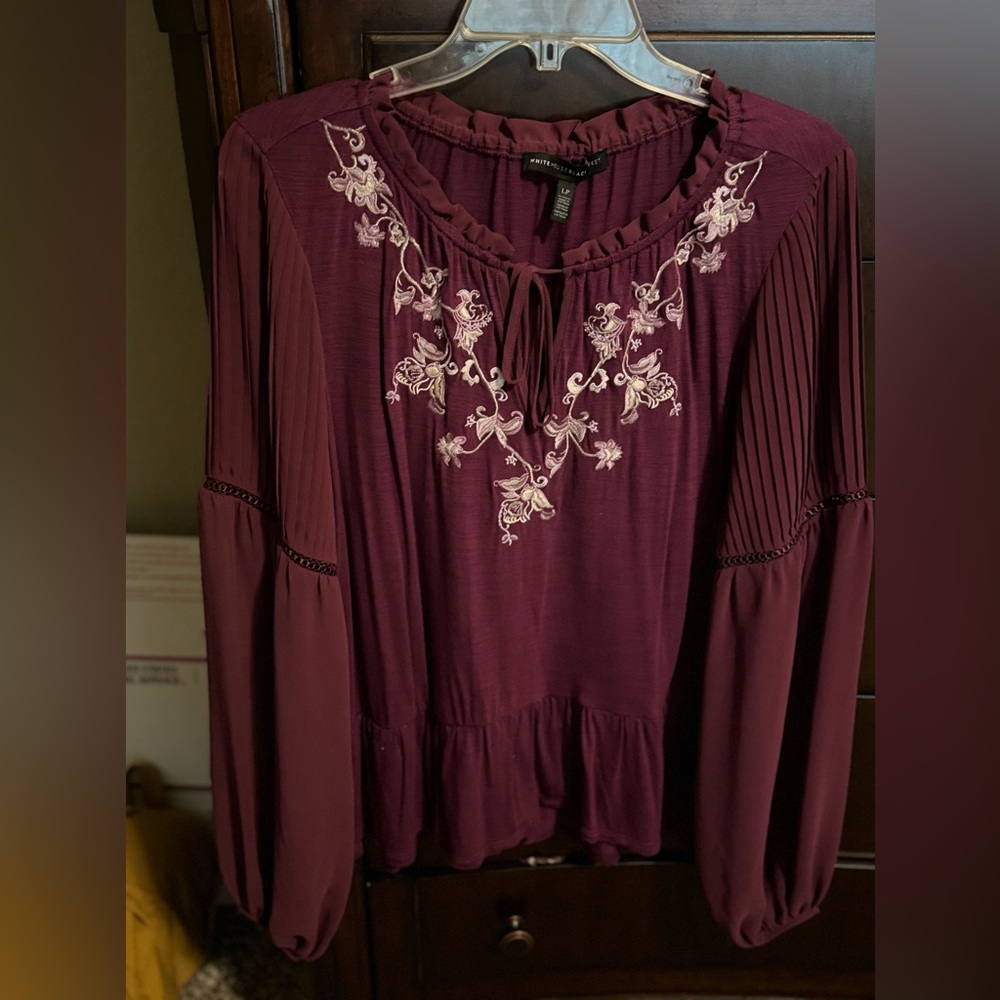 EUC EHBM Burgundy embroidered front neck line, sheer sleeves SZ LP pit2Pit 22”